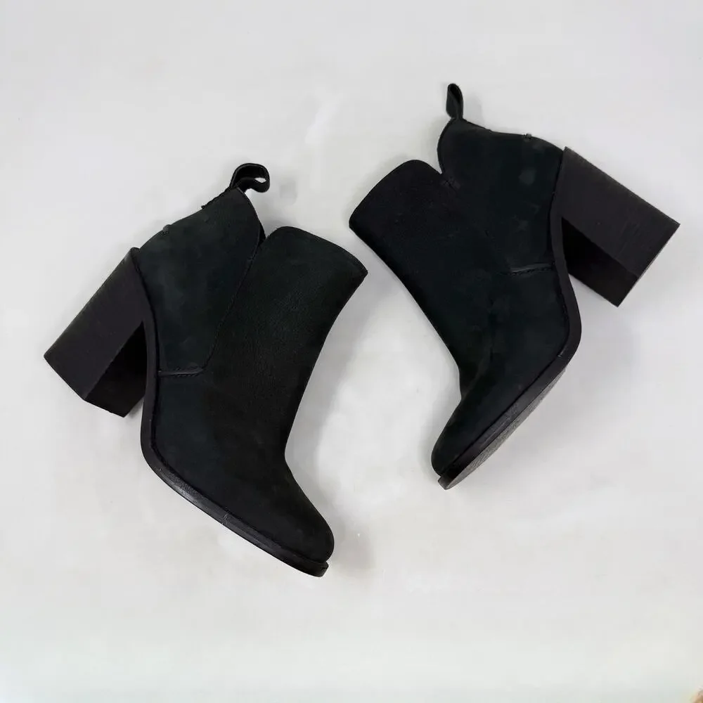 [UGG] Black Pixley Suede Leather Chunky Block Heel Round Toe Ankle Boots Sz 9.5